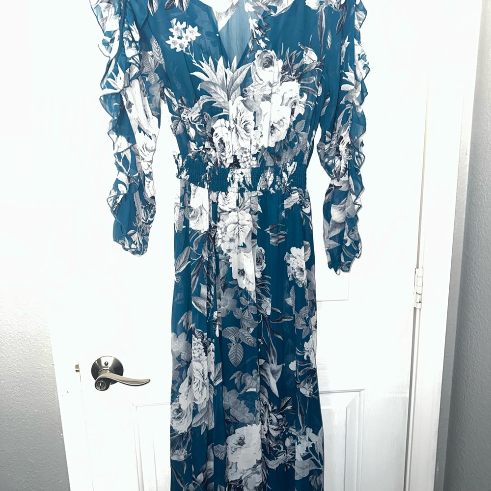 Floral Blue Dress with Ruffle Sleeves